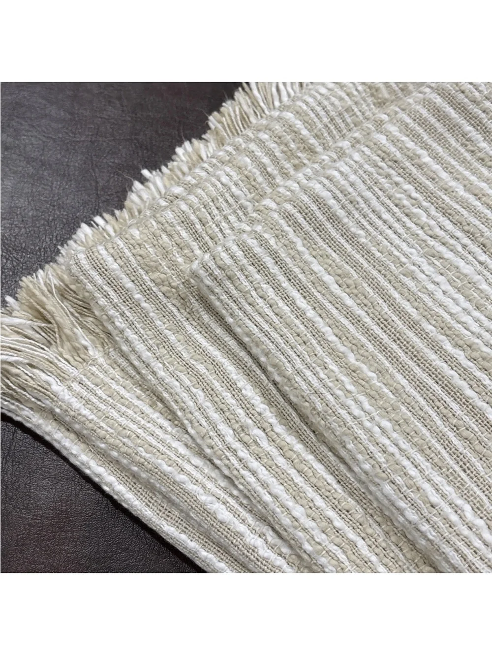 Crate & Barrel Fringe Throw Blanket Natural Striped Cotton 40” X 70” “Korman”